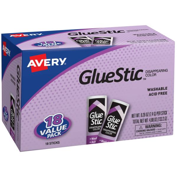 Avery(R) Glue Stic Disappearing Purple Color, 0.26 oz., Permanent, 18/BX